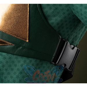 The sides of the green chest armor are secured with black buckles.
