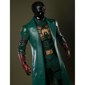 Long dark green trench coat with a firm texture and knee-length design, accented with gold and reddish-brown tones.