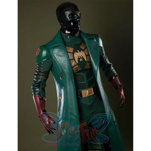 Long dark green trench coat with a firm texture and knee-length design, accented with gold and reddish-brown tones.