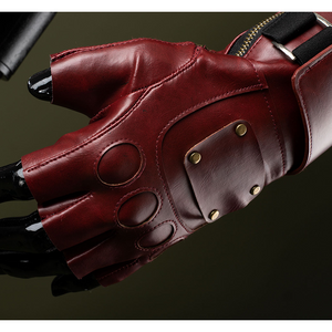 Dark reddish-brown armored gloves, with protective structures on the joints and the back of the hands.