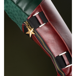 Dark reddish-brown armored gloves, with golden zipper on the side, creating a sense of solidity.