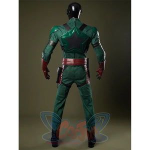 Soldier Boy Benjamin Cosplay Costume, dark green chestplate and brown belt, back view.