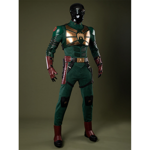 Soldier Boy Benjamin Cosplay Costume, metallic chestplate and belt both in  bronze-gold hue, left side view.