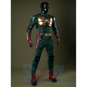 Soldier Boy Benjamin Cosplay Costume, metallic chestplate and belt both in  bronze-gold hue, left side view.