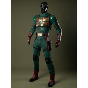 Soldier Boy Benjamin Cosplay Costume, metallic chestplate and belt both in  bronze-gold hue, right side view.