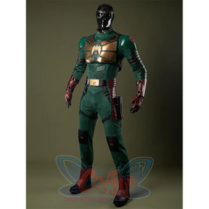 Soldier Boy Benjamin Cosplay Costume, metallic chestplate and belt both in  bronze-gold hue, right side view.