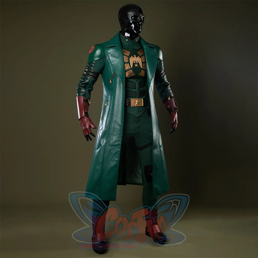 Soldier Boy Benjamin Cosplay Costume Front View, Mainly in dark green, accented with gold and reddish-brown tones.