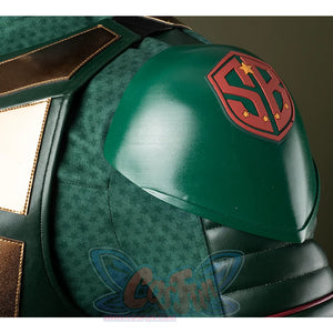Green shoulder guards adorned with red and gold emblem patterns.