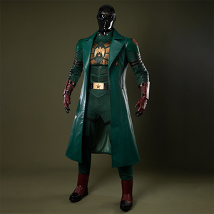 Costume mainly in dark green, accented with gold and reddish-brown tones, creating an overall sense of weight and solidity.