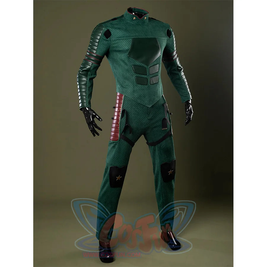 Form-fitting green suit made of textured material with intricate patterns, designed to hug the body and accentuate the figure.