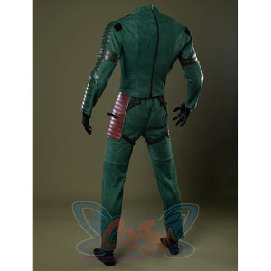 Form-fitting green suit made of textured material with intricate patterns.