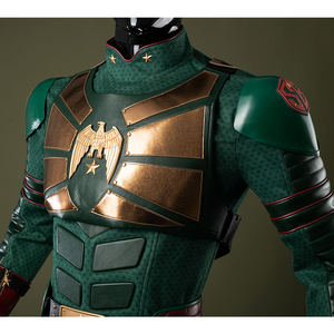 Form-fitting green combat suit made of textured material with intricate patterns, designed to hug the body and accentuate the figure.