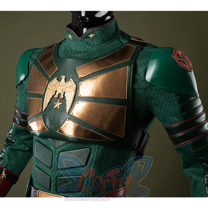 Form-fitting green combat suit made of textured material with intricate patterns, designed to hug the body and accentuate the figure.