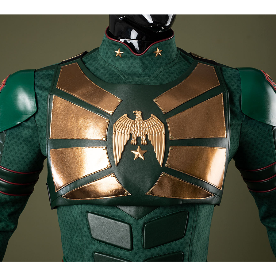 A metallic chestplate in a bronze-gold hue, emblazoned with a spread-winged eagle and a star-shaped emblem.