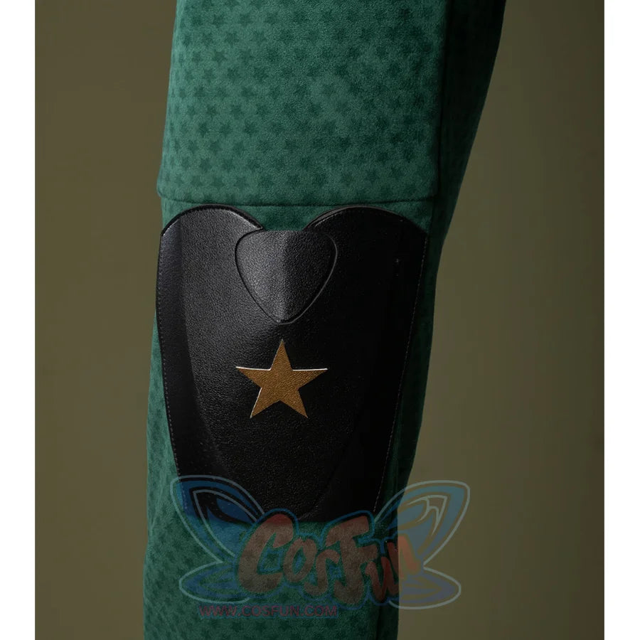 There is a black leather knee guard with golden star patterns on it.