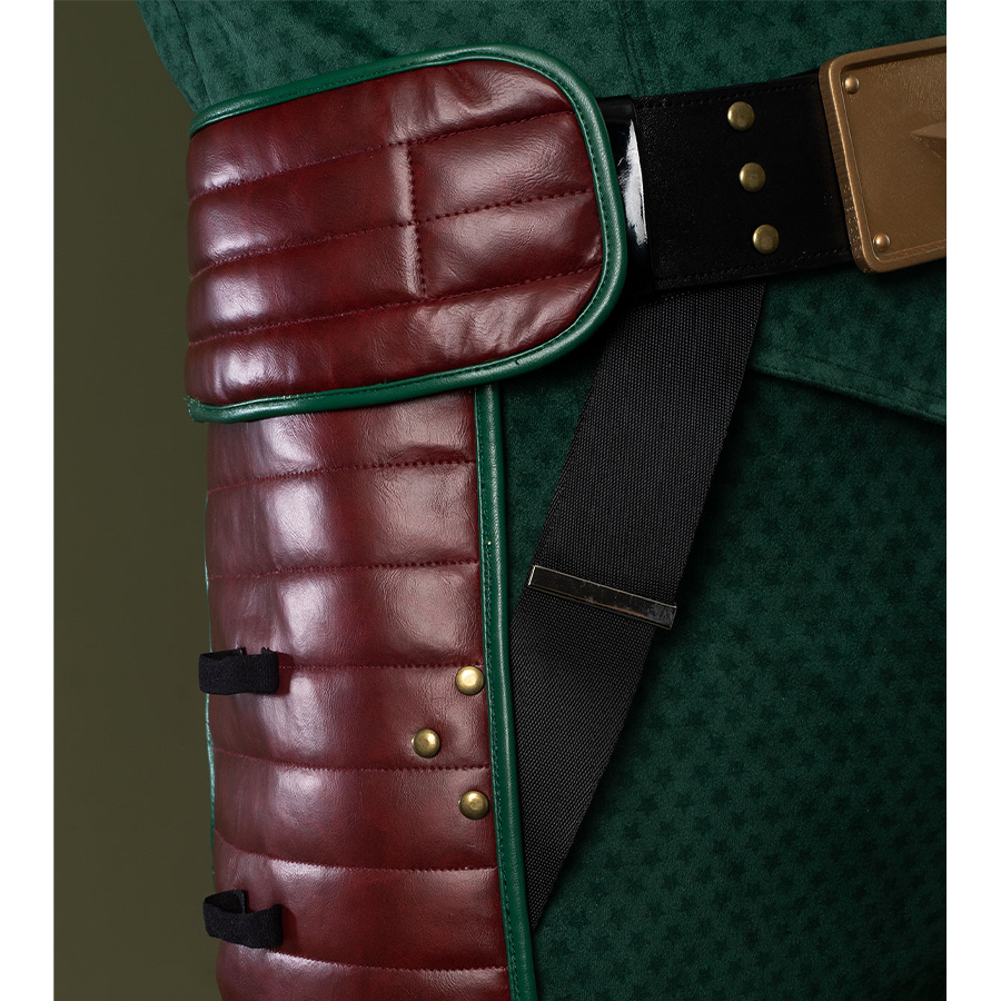 Pants mainly in dark green, accented with gold and reddish-brown tones.
