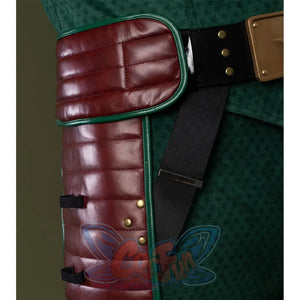 Pants mainly in dark green, accented with gold and reddish-brown tones.