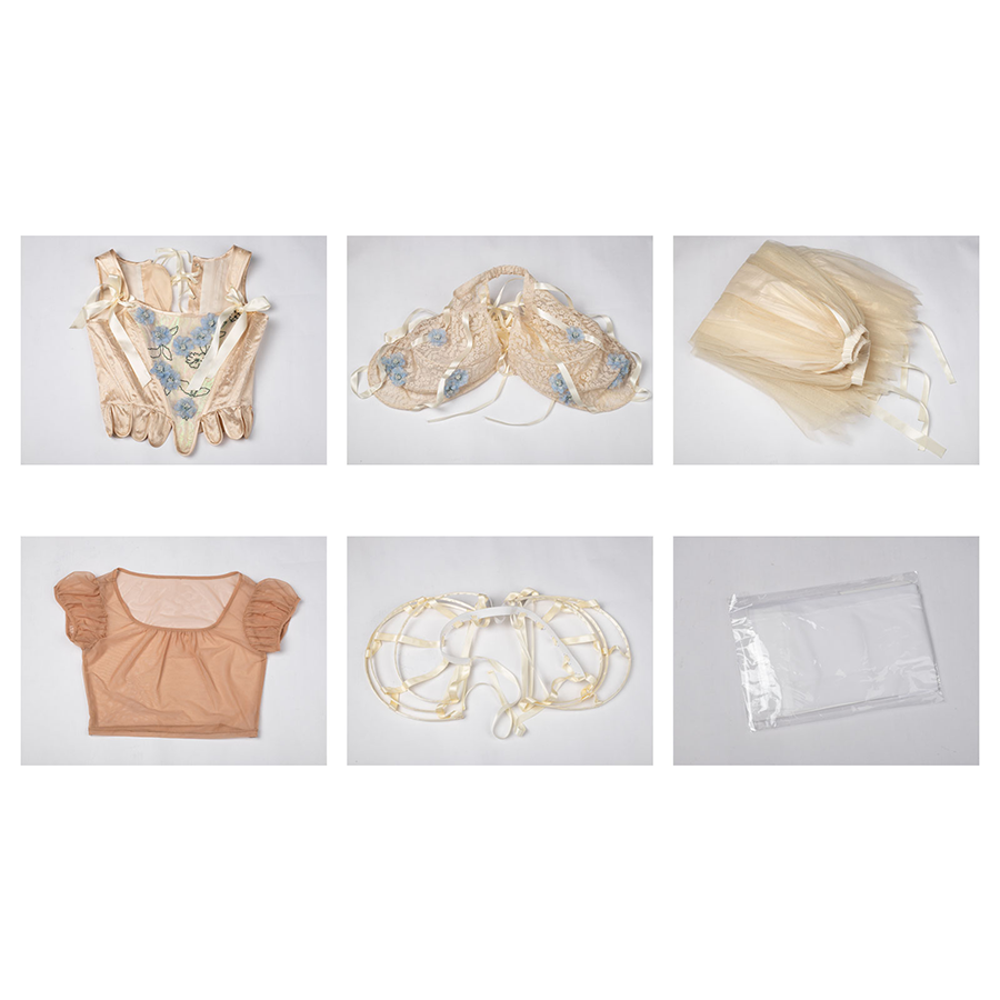 Enid Sinclair Gala dress complete costume set with vest, skirt, top, hoop skirt, tights, all components displayed flat