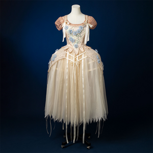 Enid Sinclair Gala dress cosplay costume with blue floral embroidery, cream tulle ball gown, off-shoulder puff sleeves