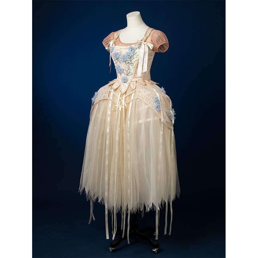 Enid Sinclair Gala dress left side view showing blue floral embroidery, ribbon bow detail, cream tulle layers