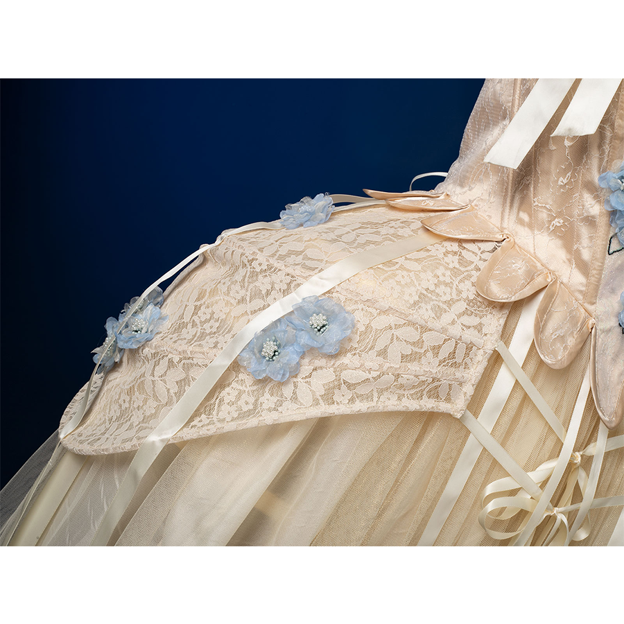 Enid Sinclair Gala dress side view with cream lace trim, blue floral appliques, ribbon bows, layered tulle ball gown skirt