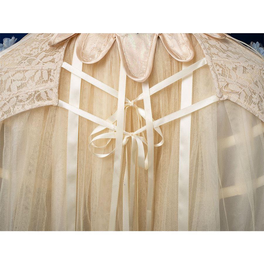 Enid Sinclair Gala dress side skirt detail with cream ribbon bows, lace-up corset back, layered tulle, blue floral accents