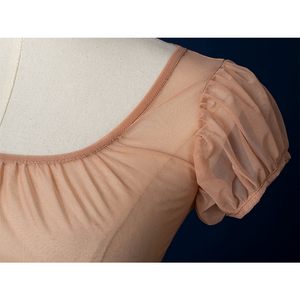 Enid Sinclair Gala dress top sleeves close-up with gathered peach puff sleeve detail, scoop neckline, soft fabric texture