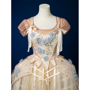 Enid Sinclair Gala dress upper body detail showing blue floral embroidery on bodice, off-shoulder puff sleeves, ribbon ties