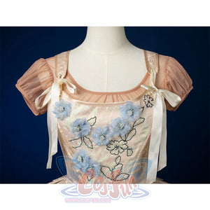 Enid Sinclair Gala dress vest bodice close-up with blue floral embroidery, satin fabric, pearl accents, puff sleeves