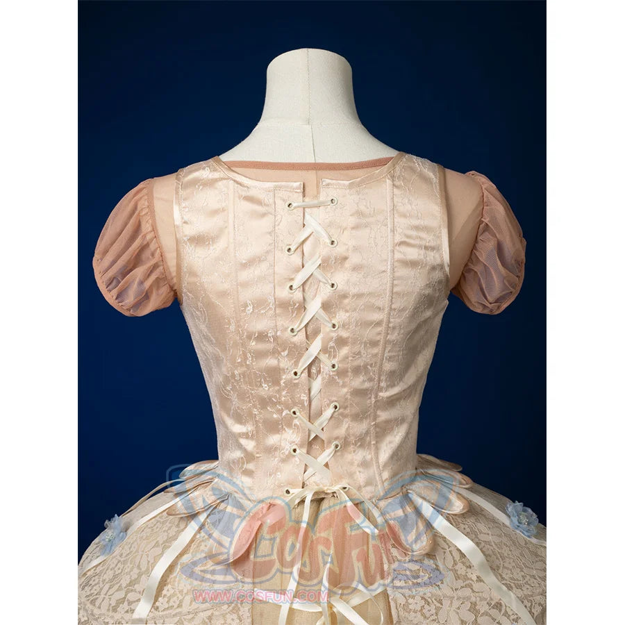 Enid Sinclair Gala dress vest back view with lace-up corset, cream ribbon ties, puff sleeves, layered tulle ball gown skirt