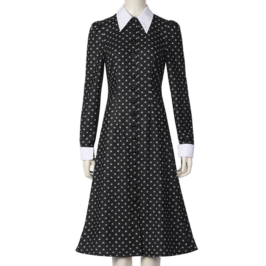 Wednesday cosplay black dress with white collar and cuffs on mannequin, full-length front view