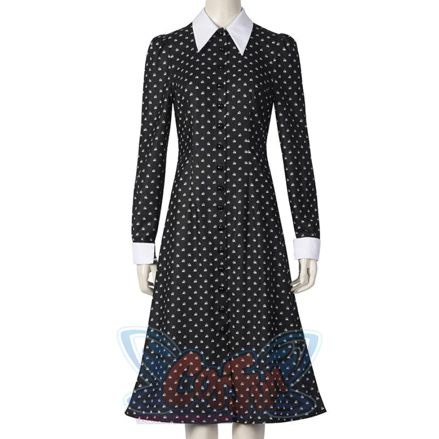Wednesday cosplay black dress with white collar and cuffs on mannequin, full-length front view
