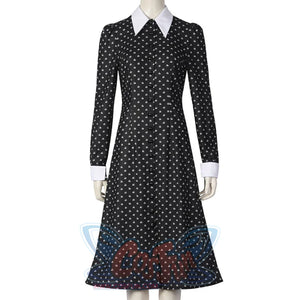Wednesday cosplay black dress with white collar and cuffs on mannequin, full-length front view