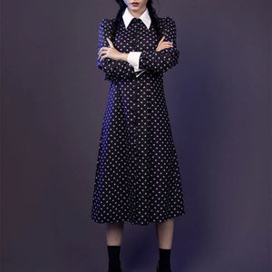 Wednesday cosplay navy dress with white collar, full-length front view, arms crossed