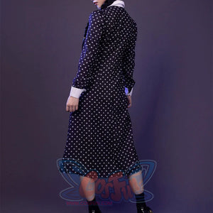 Wednesday cosplay navy dress with white collar shown from back side, full-length view
