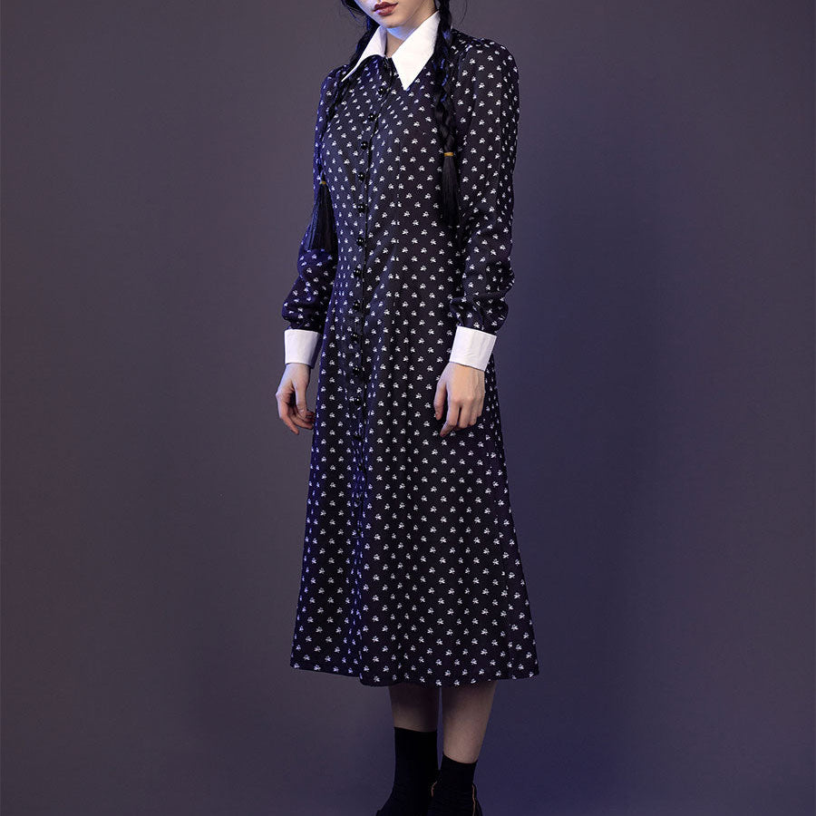 Wednesday cosplay navy dress with white collar and cuffs, front angle view with braided hair