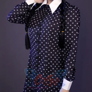 Wednesday cosplay navy dress upper body view, white collar, two long black braids with tassels