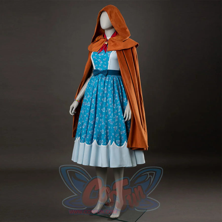 Holly cosplay side view with yellow-brown cloak, blue floral dress, white bodice, and light blue hem