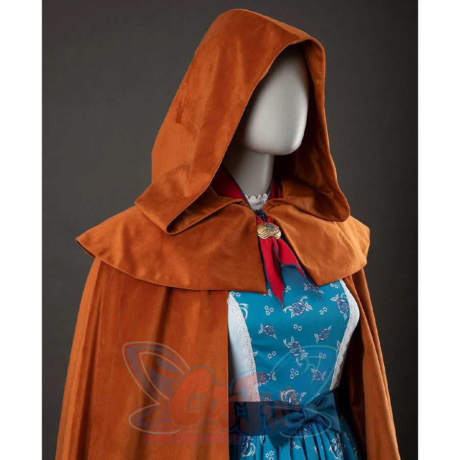 Holly cosplay yellow-brown hooded cloak side view with red bow and blue floral dress showing underneath