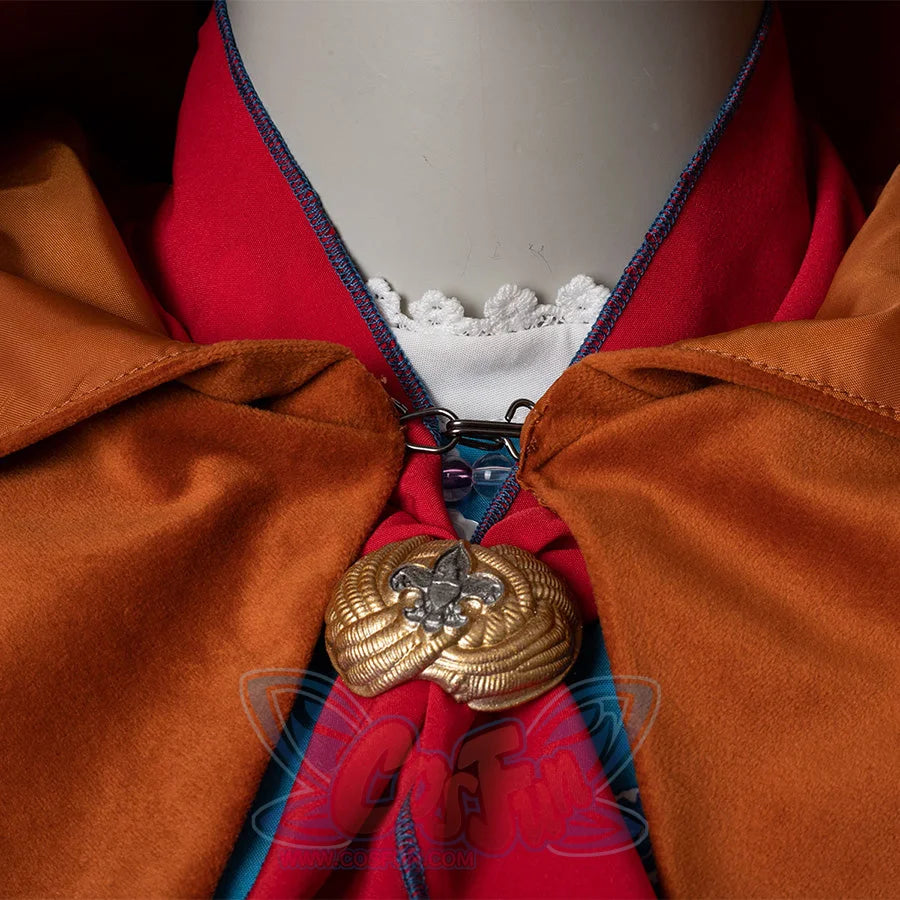 Holly cosplay costume red bow detail with gold floral brooch, yellow-brown cloak, white lace collar