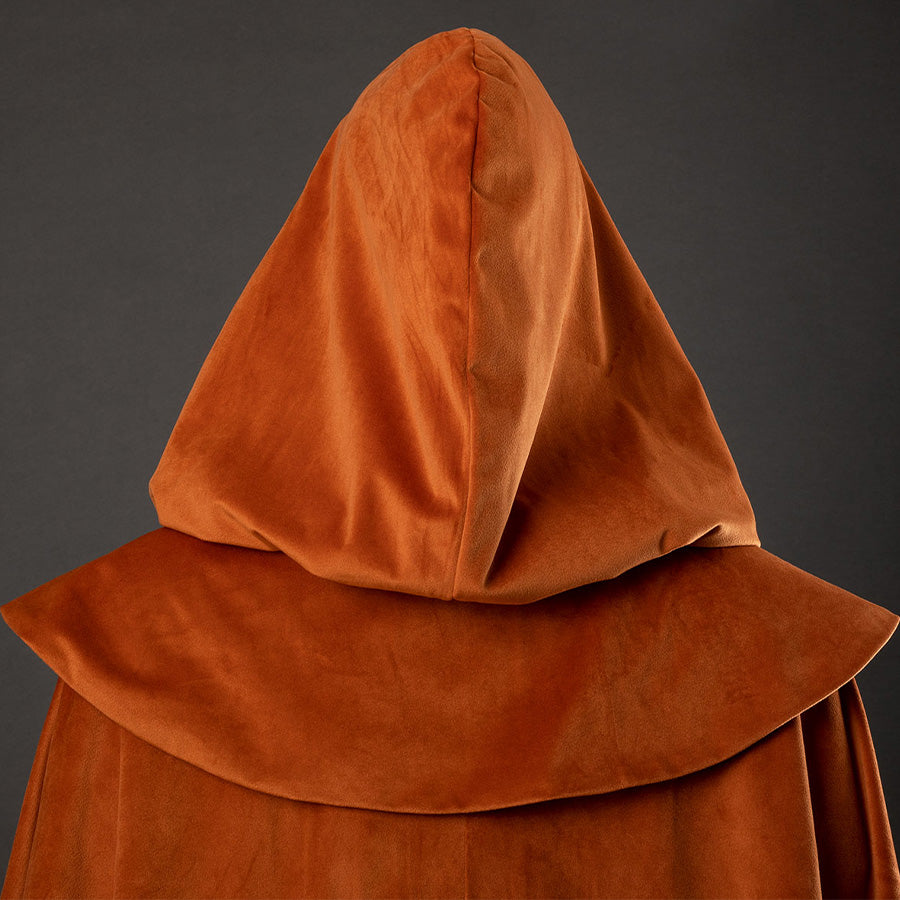 Holly cosplay yellow-brown cloak back detail showing hood construction and flowing cape design
