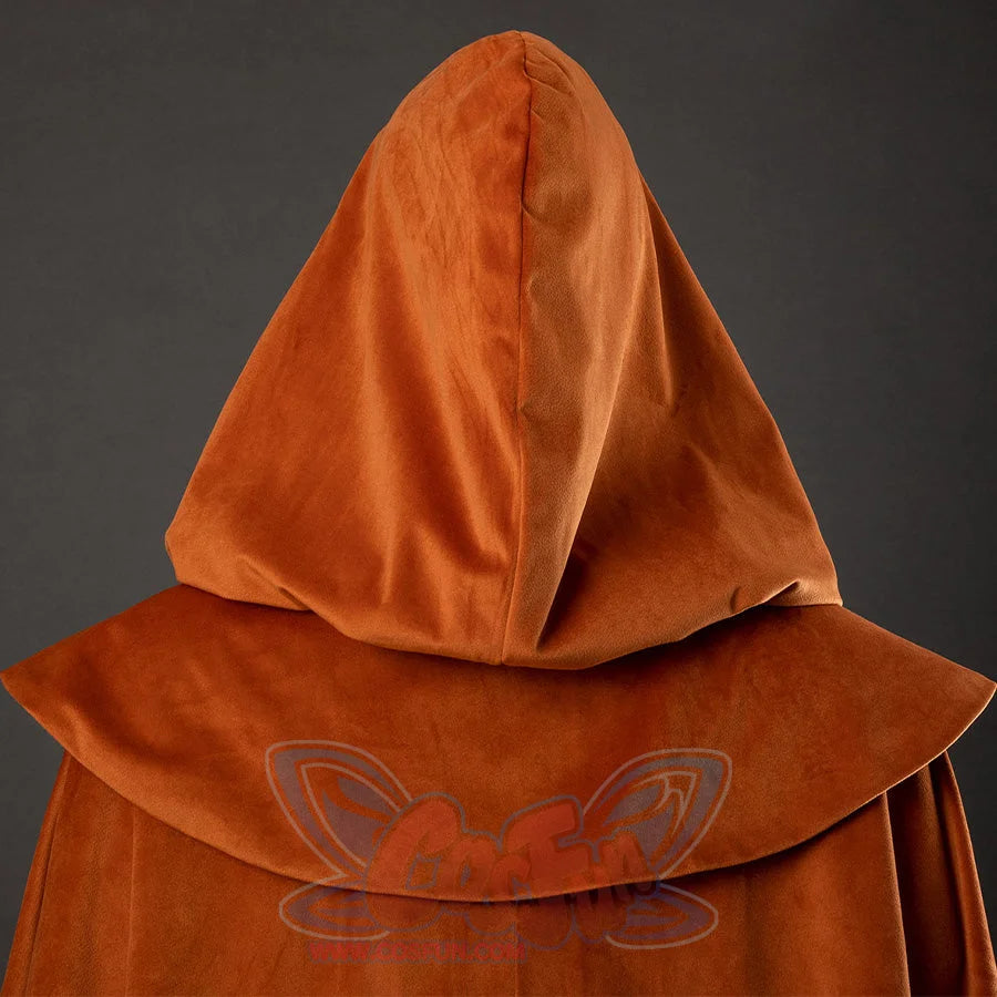 Holly cosplay yellow-brown cloak back detail showing hood construction and flowing cape design