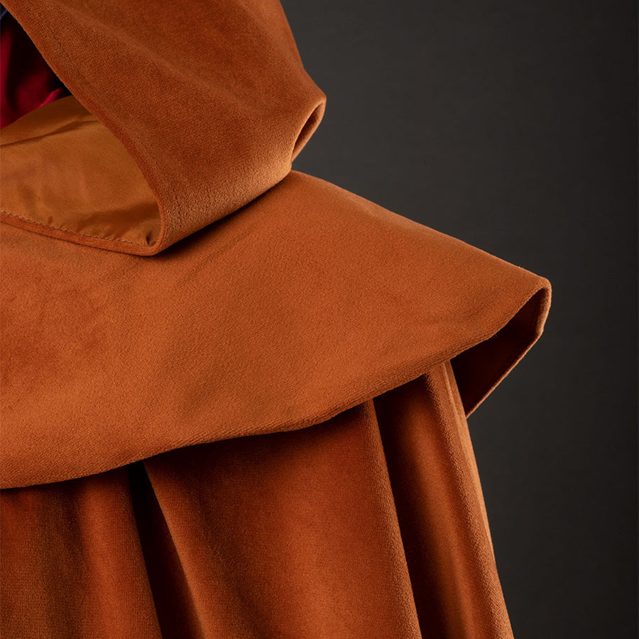Holly cosplay yellow-brown cloak shoulder detail showing hood attachment and cape construction