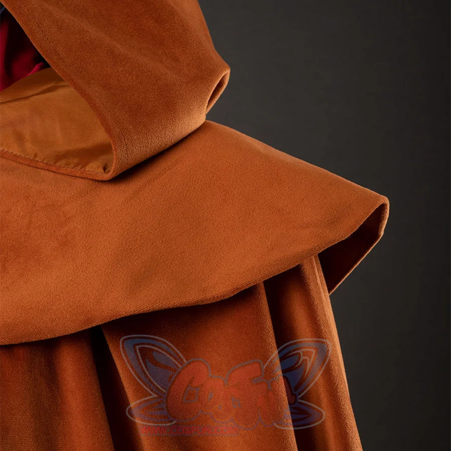 Holly cosplay yellow-brown cloak shoulder detail showing hood attachment and cape construction