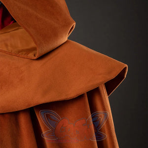 Holly cosplay yellow-brown cloak shoulder detail showing hood attachment and cape construction