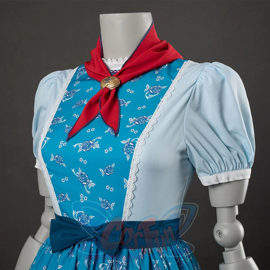 Wheeler cosplay costume torso view with red bow, gold brooch, blue floral bodice, light blue sleeves