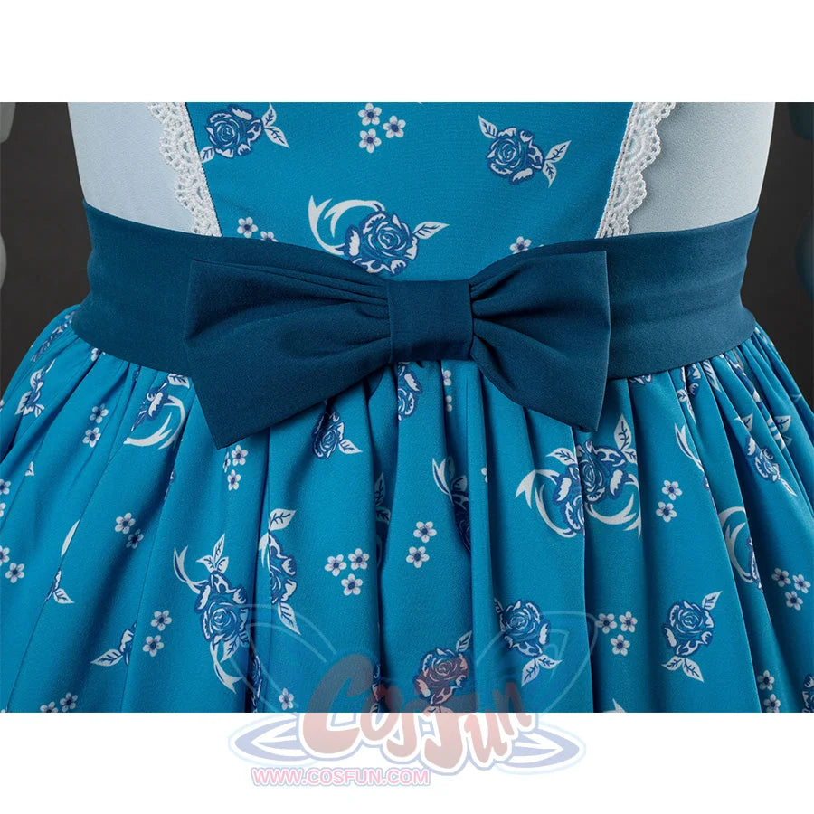 Wheeler cosplay costume waist detail with navy blue bow and blue floral skirt with white lace trim
