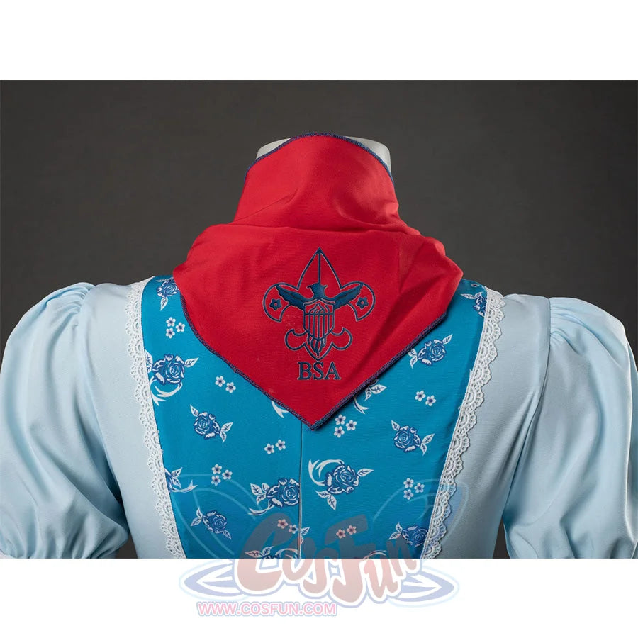 Wheeler cosplay red bow back view with embroidered emblem and blue floral dress bodice