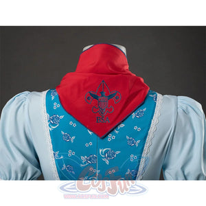 Wheeler cosplay red bow back view with embroidered emblem and blue floral dress bodice