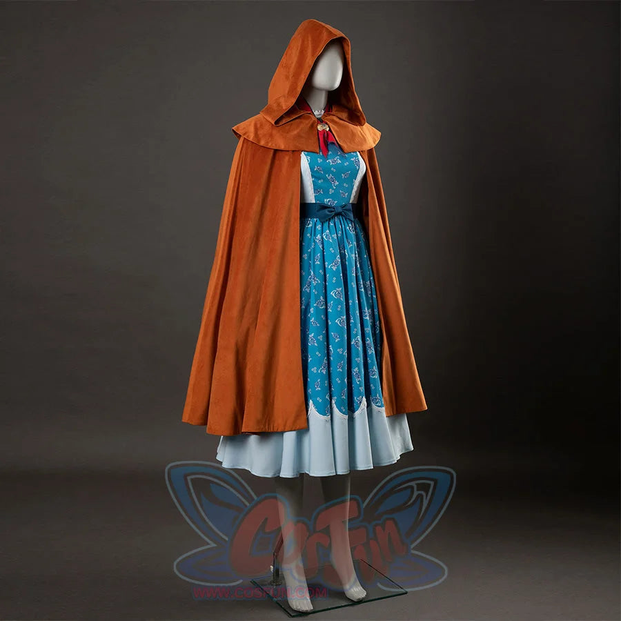 Holly cosplay back view showing yellow-brown hooded cloak, blue floral dress with white bodice and hem